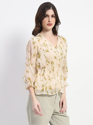 Madame Abstract Print V- Neck Olive Rayon Top