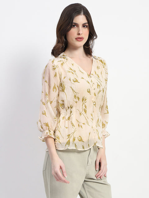 Madame Abstract Print V- Neck Olive Rayon Top