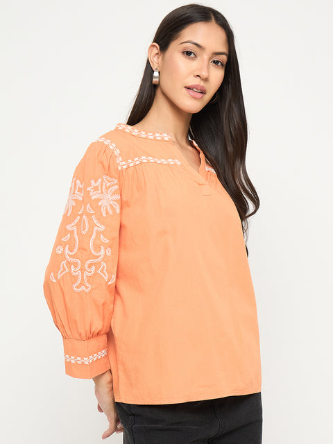 Madame Embroidered Split Crew Warm Amber Cotton Top