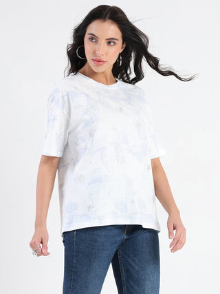 Madame Swarovksi Detailed Tie and Dye Sky Blue T-shirt