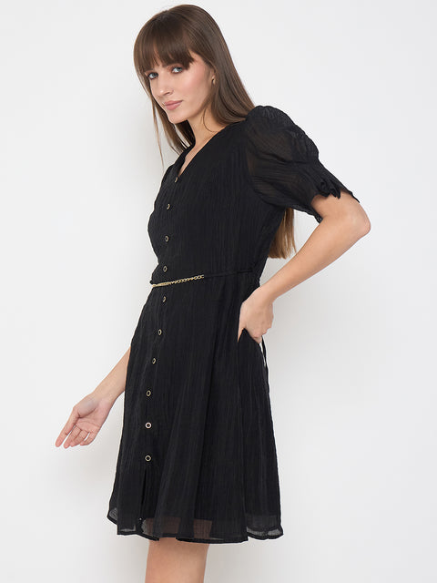 Madame Textured Belted Black Mini A Line Dress