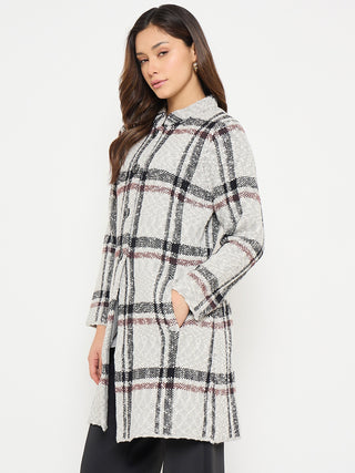 Madame Plaid Print Grey Long Cardigan