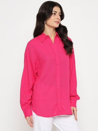 Madame Linen Blend Solid Hot Pink Shirt