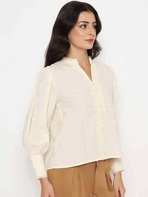 Madame Gathered Shoulders Off White Cotton Top