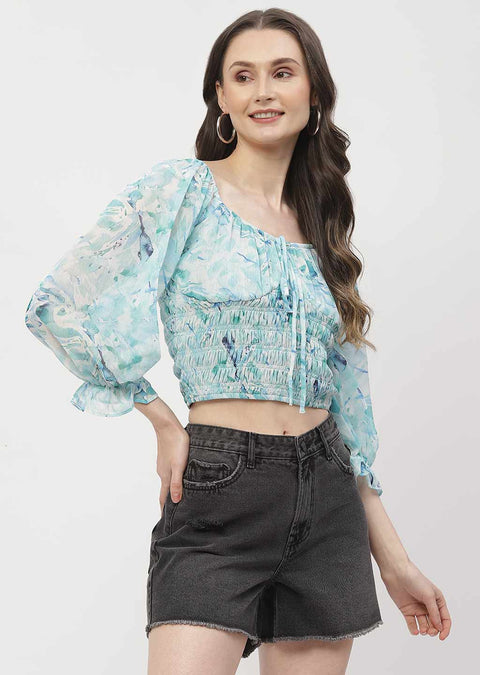 Madame Poet Sleeve Mint Blue Smocked Crop Top