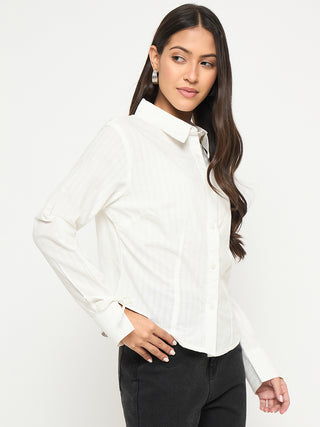 Madame Tie-Cuff Detail Striped White Cotton Shirt