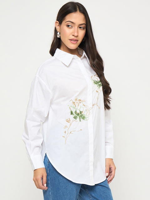 Madame Floral Embroidery White Cotton Shirt