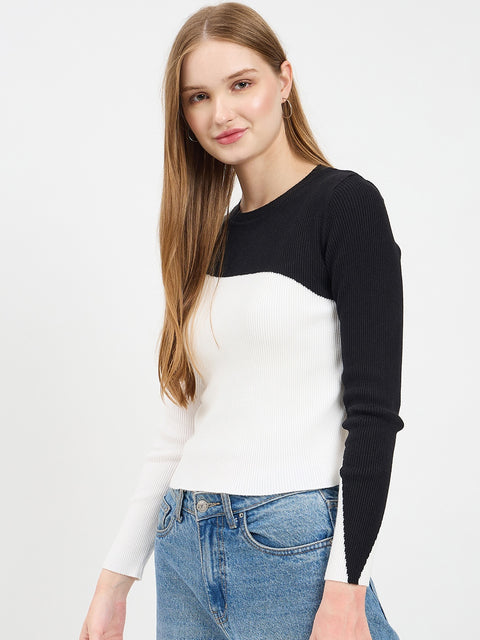Madame Designer Colorblock Details Black Knit Top