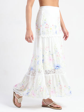 Madame Floral Print Tiered White Maxi Skirt