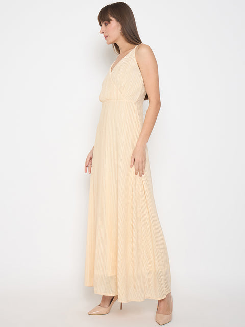 Madame Golden Buckled Strap Self Design Beige Maxi Dress