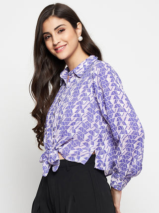 Madame Geometric Print Tie Front Purple Shirt