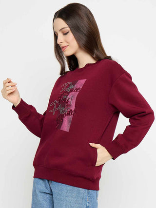 Madame Typography Printed Wine Red Pullover Sweatshirt