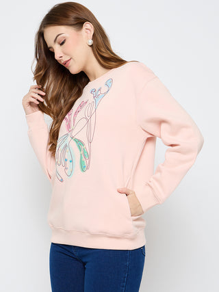 Madame Embellished Print Cotton Blend Peach Sweatshirt