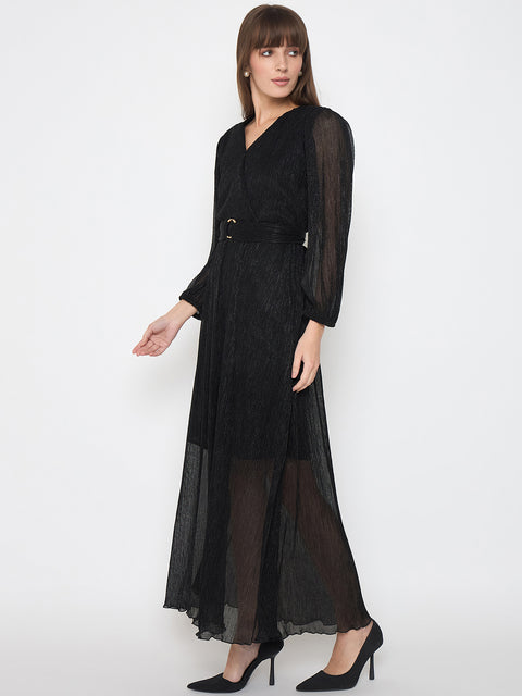 Madame Pliss Self Design Belted Black Flared Maxi Dress