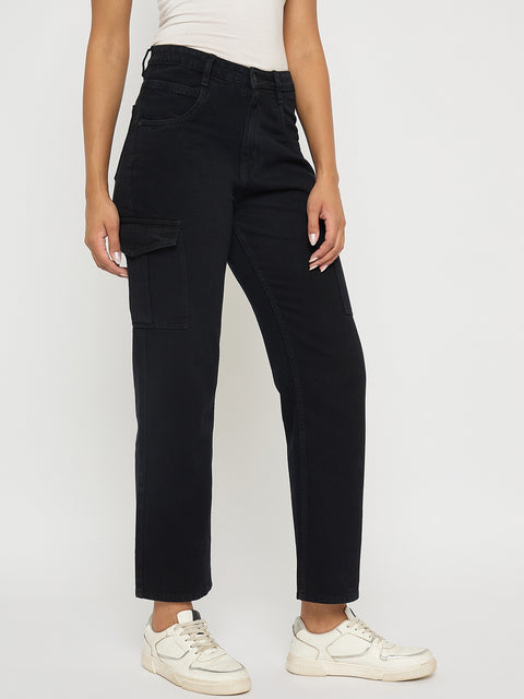 Madame Multi Pocketed Black Straight Cotton Denim Cargo