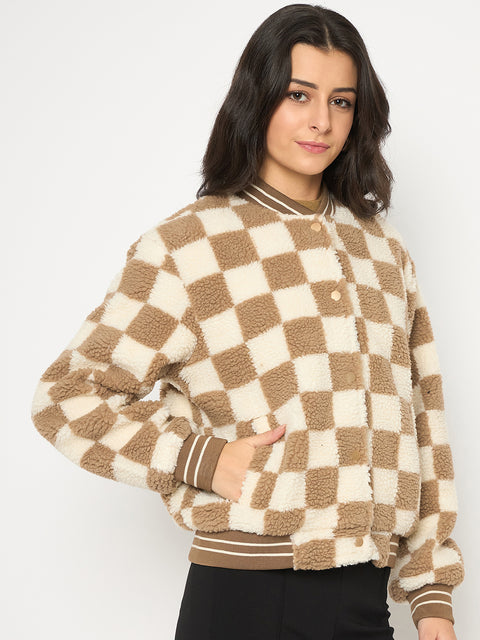 Madame Chequered Zipped Brown Bomber Jacket
