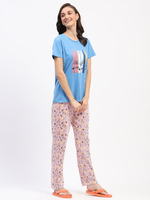 mSECRET Blue Cotton T-Shirt and Printed Pajama Nightsuit
