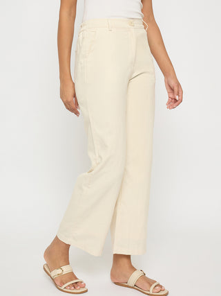 Madame Solid Wide Leg Off White Rayon Blend Trousers