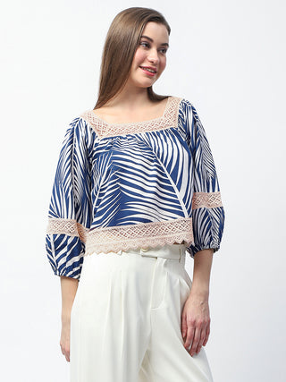 Madame Botanical Print Cotton Blend Navy Blue Top