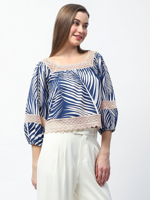 Madame Botanical Print Cotton Blend Navy Blue Top