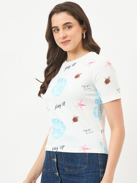 Madame White Slim-Fit Half-Sleeve Stretch Top
