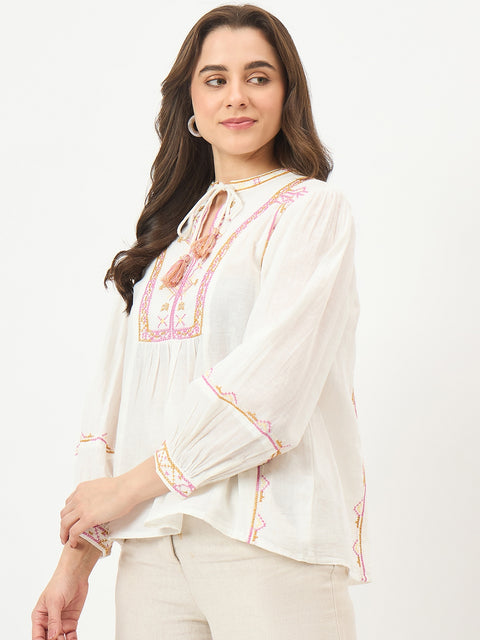Madame Off-White Embroidered Cotton Mandarin Top