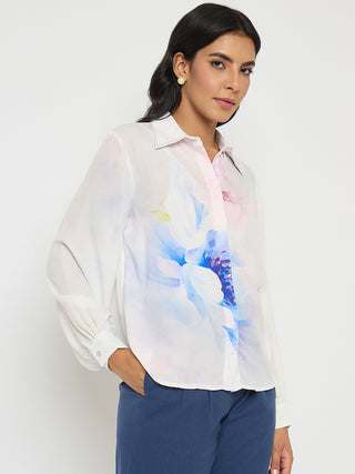 Madame Floral Print Contrast Stiched Collar Off White Shirt