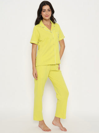 mSECRET Embossed Top and Bottom Lime Yellow Cotton Night Suit