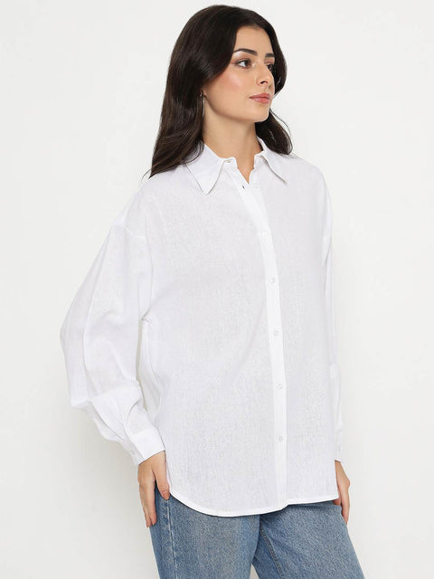 Madame Linen Blend Solid White Shirt