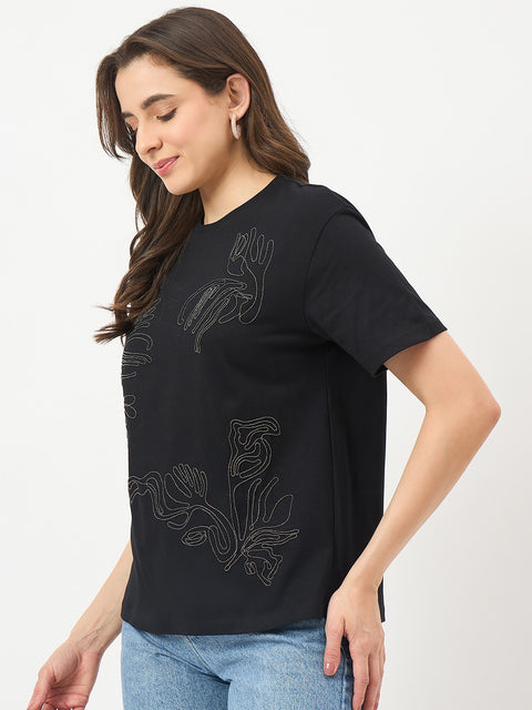 Madame Black Cotton Graphic Half-Sleeve T-Shirt