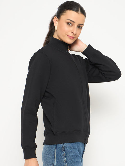 Madame Fleece T Neck Front Zip Black Sweatshirt