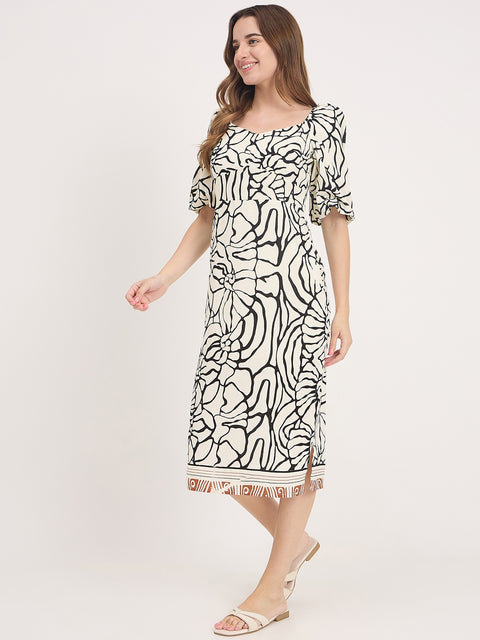 Madame Abstract Print Rayon Linen Midi Dress