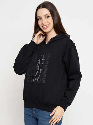 Madame Typograpy Print Hooded Cotton Blend Black Sweatshirt