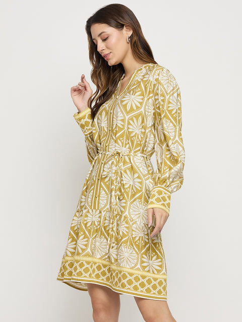 Madame Green Printed Rayon Mandarin Collar Midi Dress