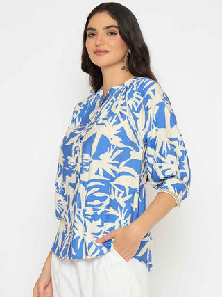 Madame Botanical Print Royal Blue Rayon Blend Top