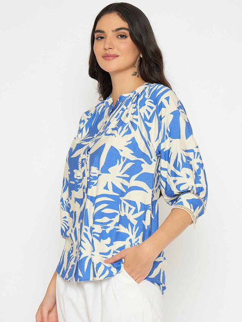 Madame Botanical Print Royal Blue Rayon Blend Top