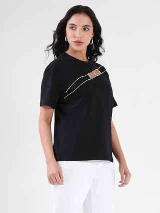 Madame Embellished Cutwork Detail Black Cotton T-shirt