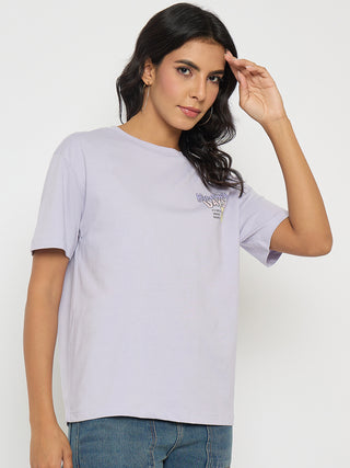 Madame Graphic Print Adorned Lilac Cotton T-shirt