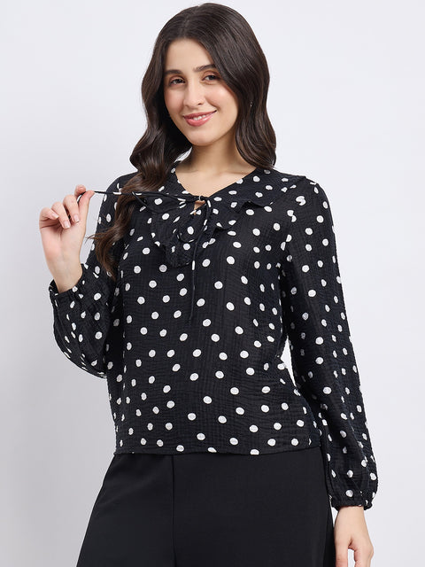 Madame Black Polka Dot Print Ruffle Collar Top