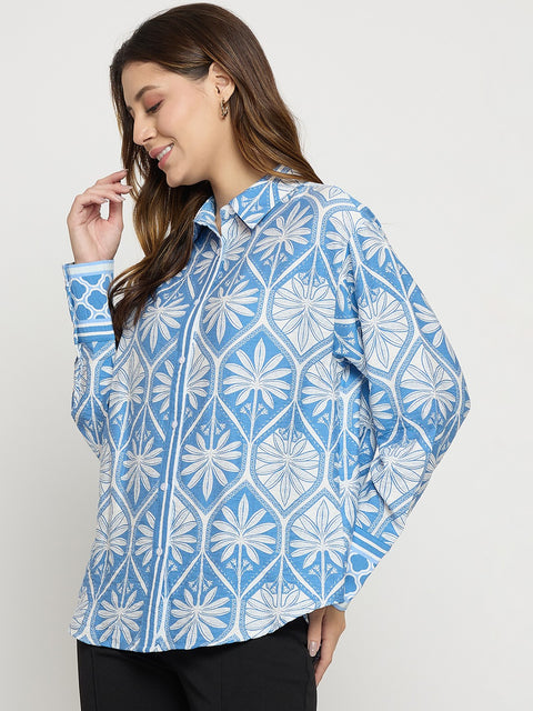 Madame Blue Printed Rayon Full Sleeve Shirt