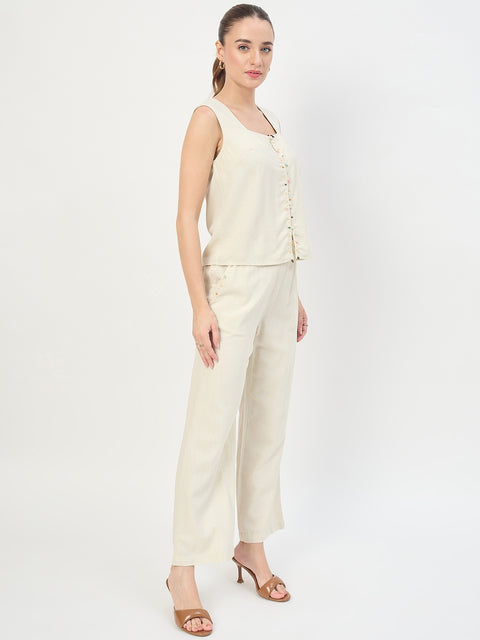 Madame Beige Rayon Linen Sleeveless Co-ord Set