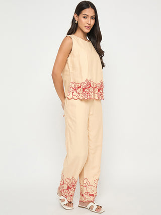 Madame Floral Embroidered Hem Top and Bottom Beige Co-ord Set