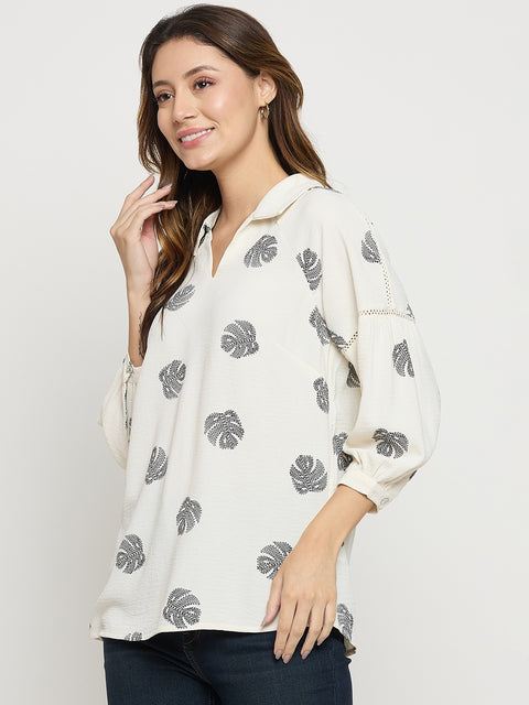 Madame Off White Printed Collar Puff Sleeve Top