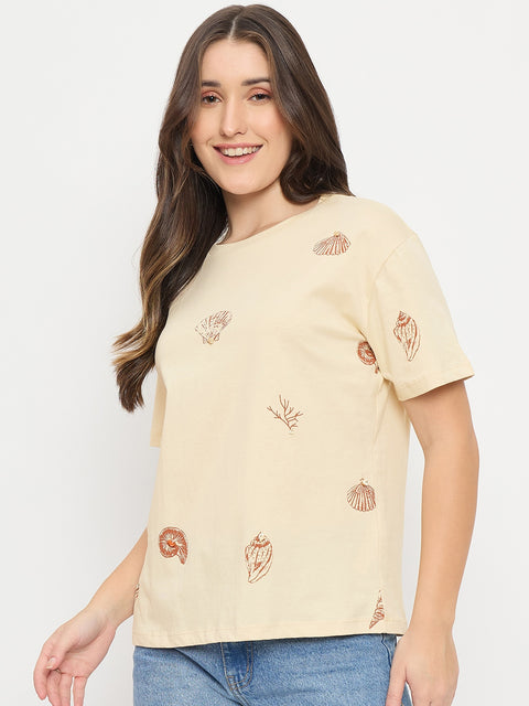 Madame Beige Printed Cotton Round Neck T-Shirt