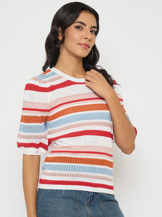 Madame Striped Multi-Color Open Stitch Knitted Top