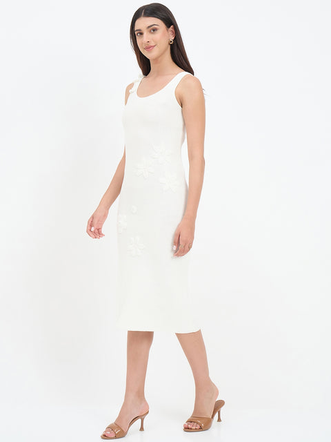Madame Off White Floral Knit Cotton Midi Dress