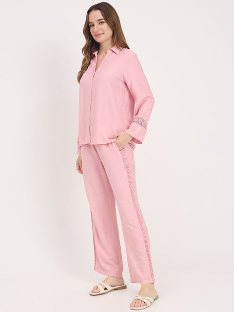 Madame Pink Rayon Collared Full Sleeve Co-ord Set