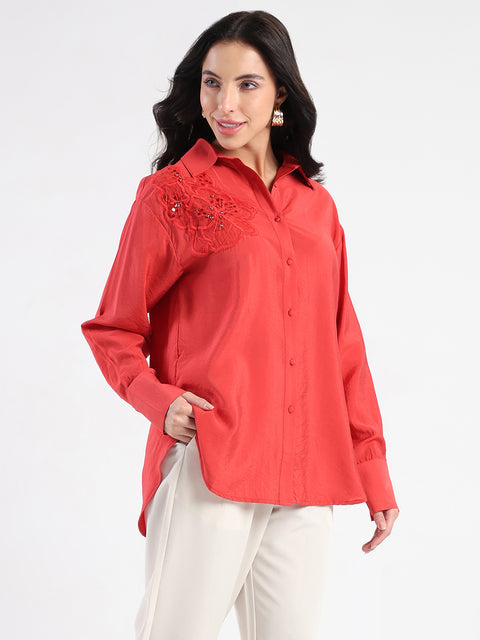 Madame Embellished Patch Red Nylon Blend Shirt