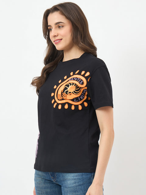 Madame Black Cotton Slim-Fit Half-Sleeve T-Shirt