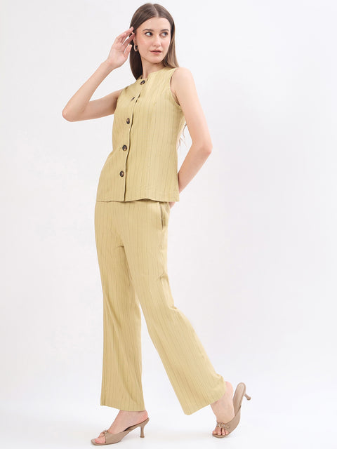 Madame Beige Rayon Blend Striped Formal Co-ord Set